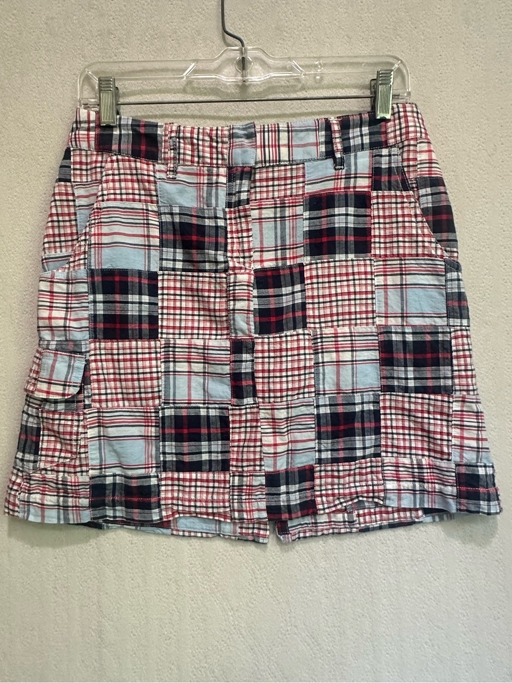 Izod Plaid Madras Patchwork Cotton Mini Skirt - Red, Navy, Light Blue Sz S Prep